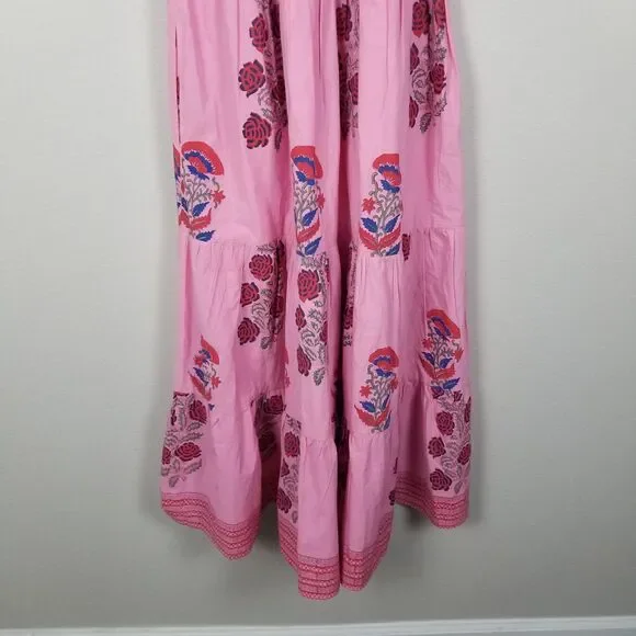 Oliphant Tuckernuck Boca Pink Puff Sleeve Midi Cotton Block Print Dress Size S - Picture 13 of 15